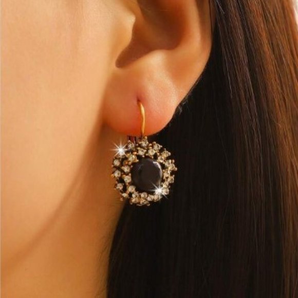 Boho Ethnic Jet Black Crystal Rhinestones Flower Drop Lever Back Earrings - NWT - Picture 4 of 11